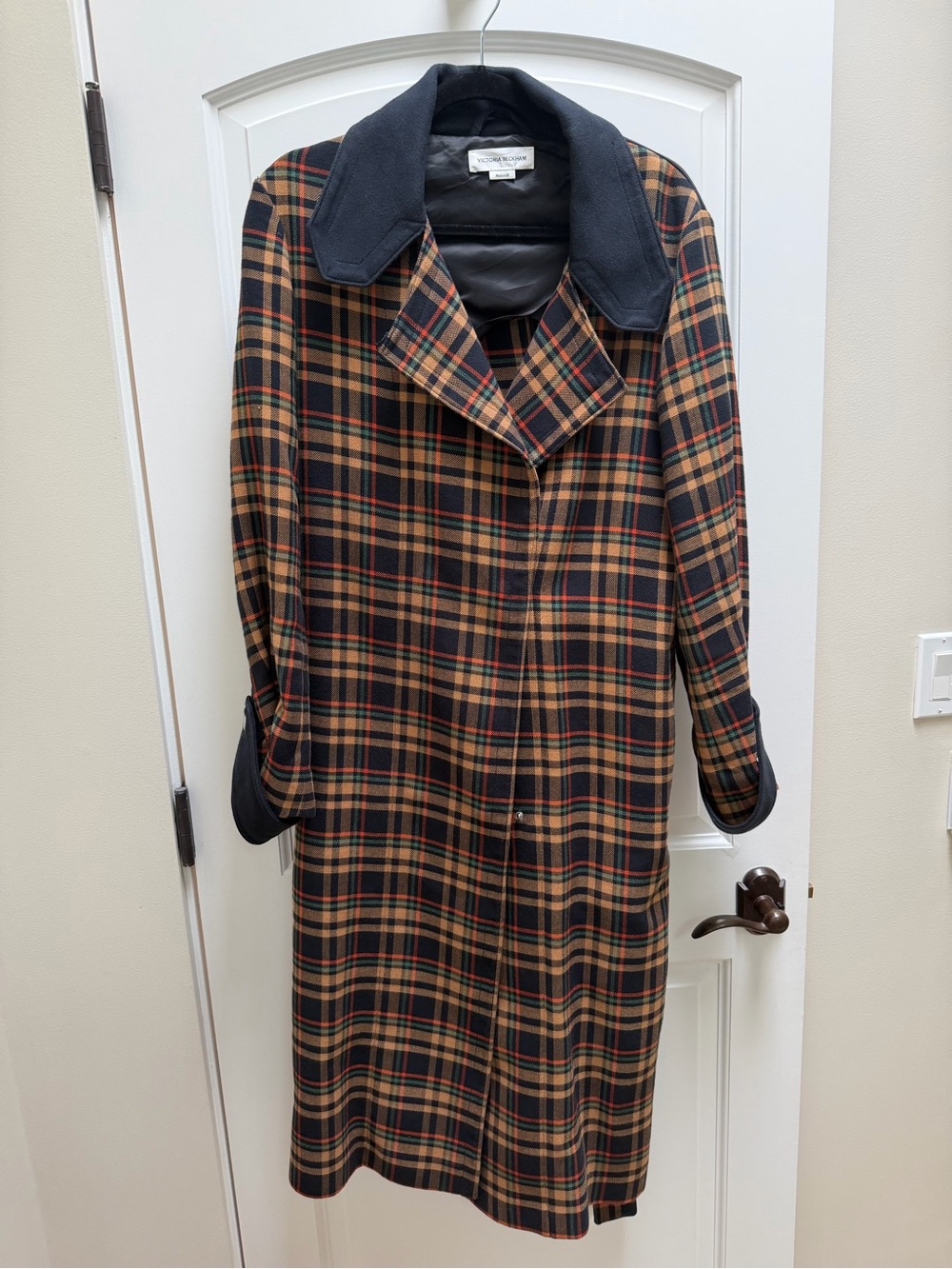 Victoria Beckham Navy Camel Plaid Cotton Trench Coat US 8
